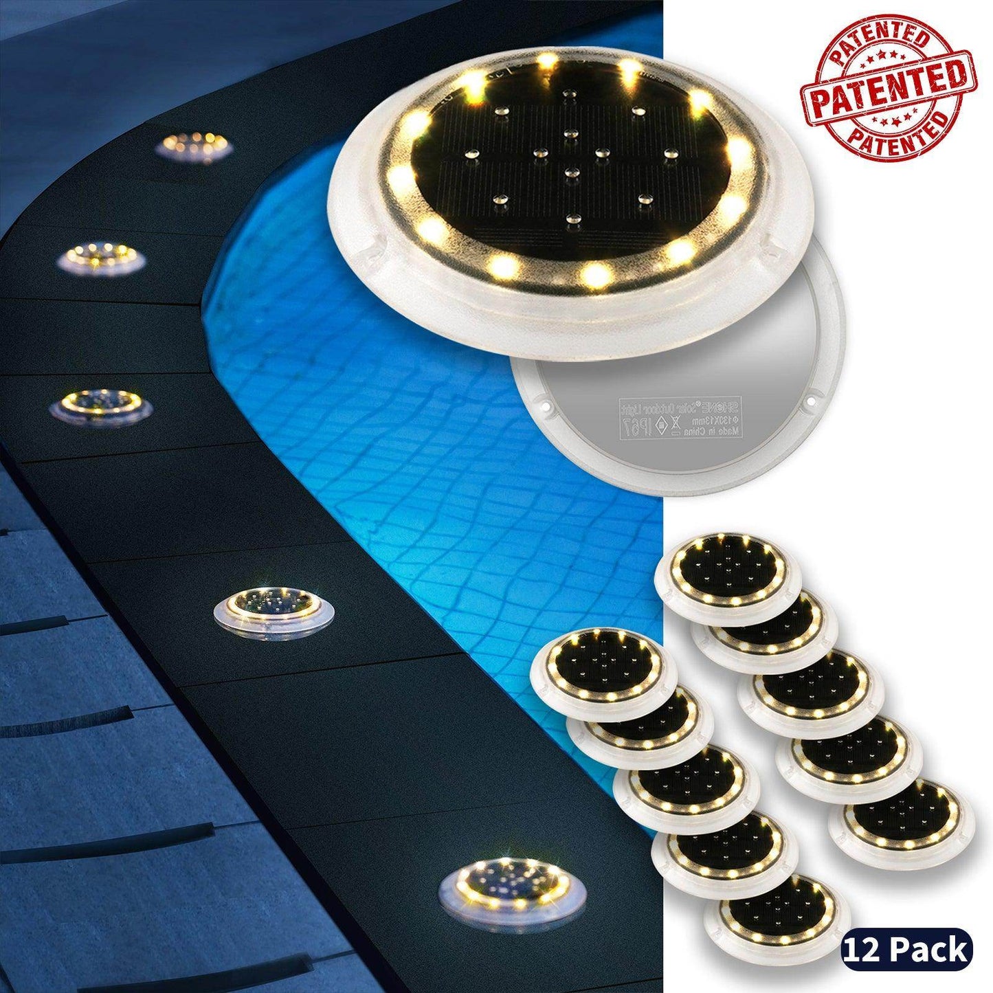 SHONE Round Solar Ground Light – 12 LED, IP67 Waterproof Solar Deck Light for Step, Pool, Lawn, Pathway