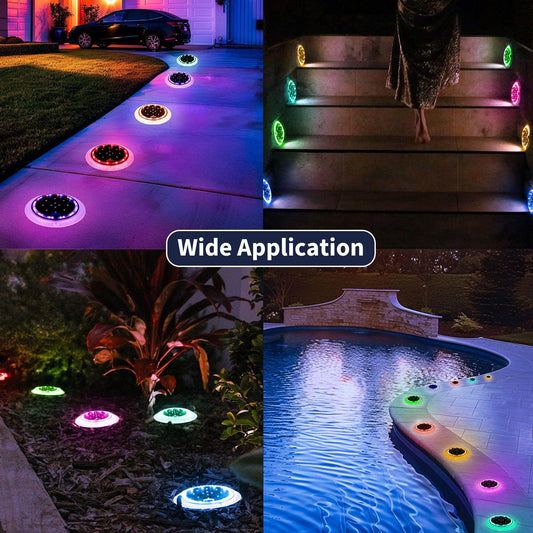 SHONE Round Solar Deck Lights – 48 LED Color Changing, IP67 Waterproof Flat Solar Ground Lights for Walkway, Poolside, Step, Driveway